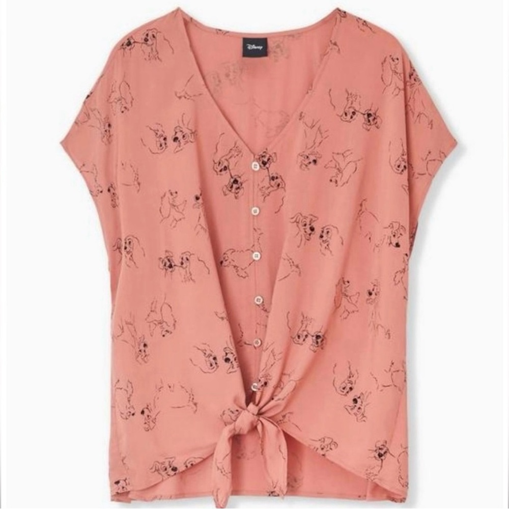 Disney Lady & The Tramp Rust Color Button Down Tie Front Cap Sleeve Blouse in 5X